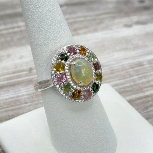 Welo Opal Ring W/ Multicolored Tourmaline Gemstones Zircon Halo Sterling Sz 7.75 - Picture 5 of 9